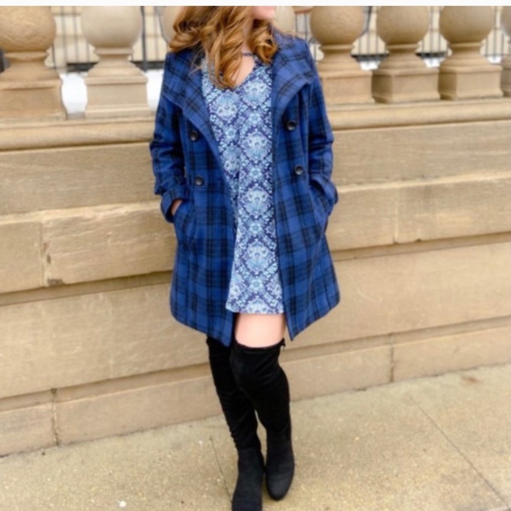 Old Navy Blue Black Plaid Double Breasted Funnel Neck Wool Blend Pea Coat XS